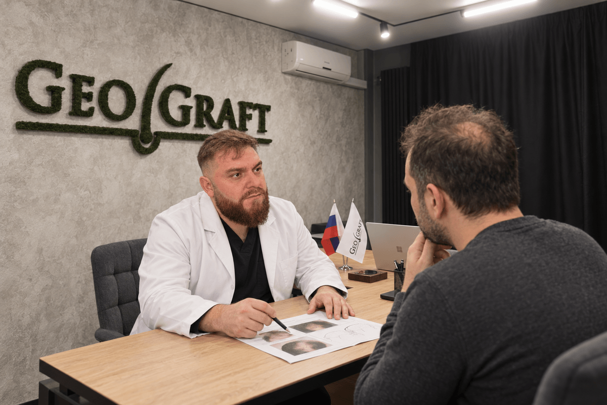 Врач осматривает кожу головы пациента трихоскопом